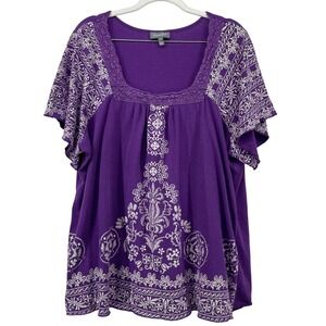Essentials Women Plus Size 1X Peasant Top Purple Crochet Square Neck Boho Gypsy